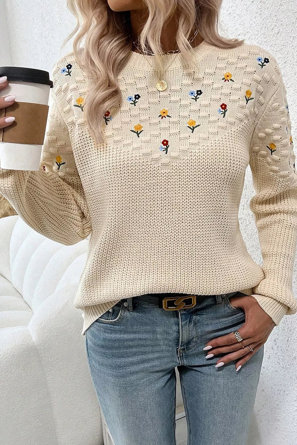 Floral Round Neck Dropped Shoulder Sweater 