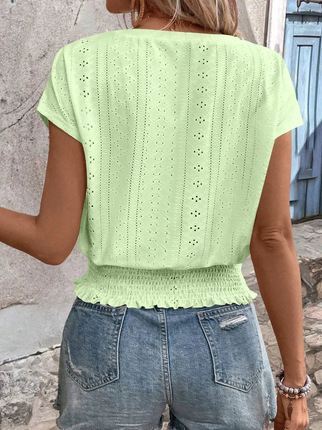 Eyelet V-Neck Short Sleeve Blouse 