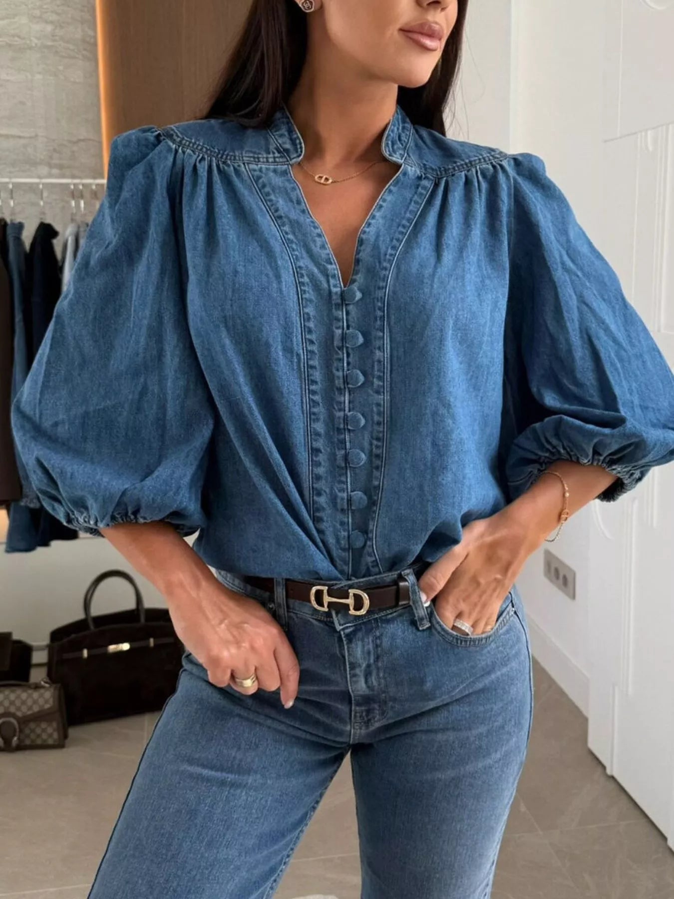 Button-Down Puff Sleeve Denim Top 