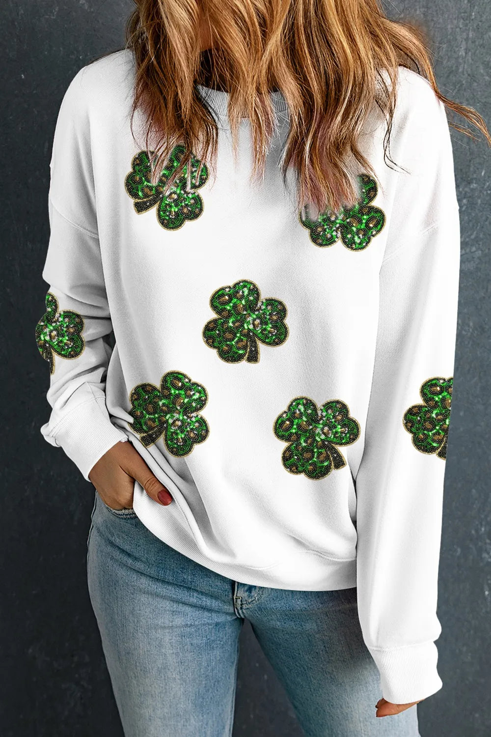 Sequin Lucky Clover Long Sleeve Sweatshirt 