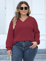 Plus Size Ribbed V-Neck Long Sleeve Top 