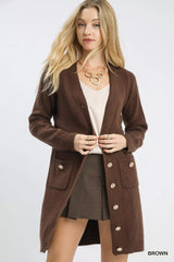 Umgee Button-Down Longline Sweater Cardigan with Front Pockets 