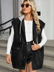 Removable Hood Button Up Cap Sleeve Denim Jacket 