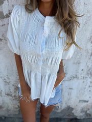 Full Size Smocked Button Front Puff Sleeve Shirt Plus Size 