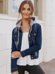 Full Size Button Up Drawstring Hooded Denim Jacket Plus Size 