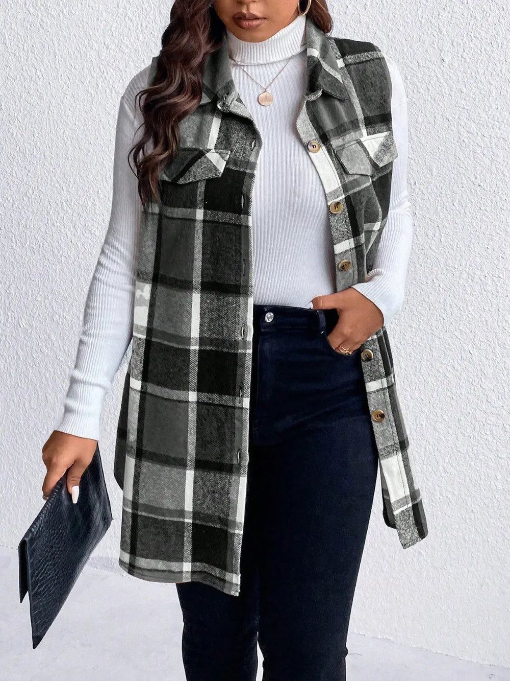 Honey Plus Size Pocketed Plaid Button Up Vest Coat 