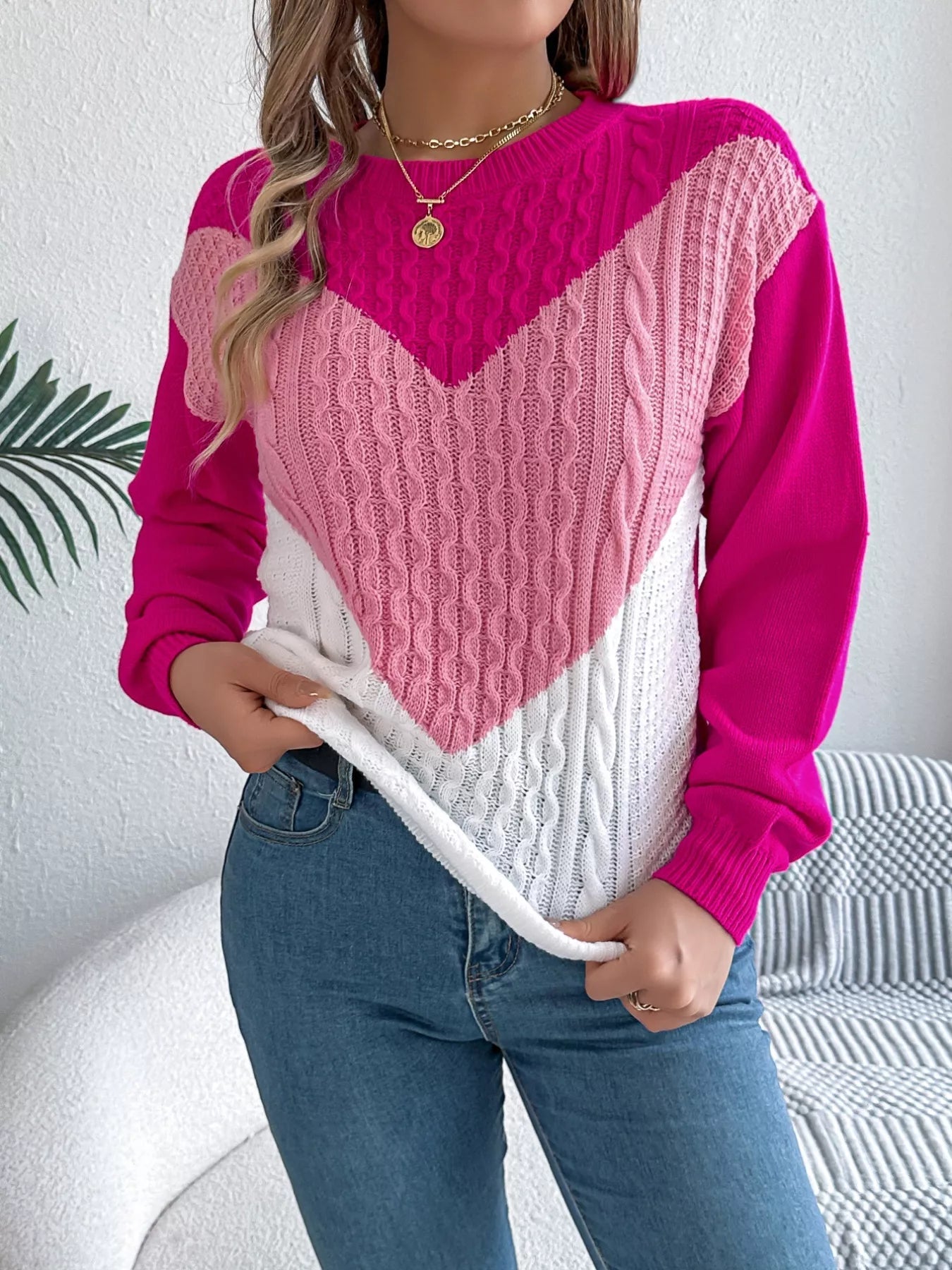 Color Block Cable Knit Sweater 