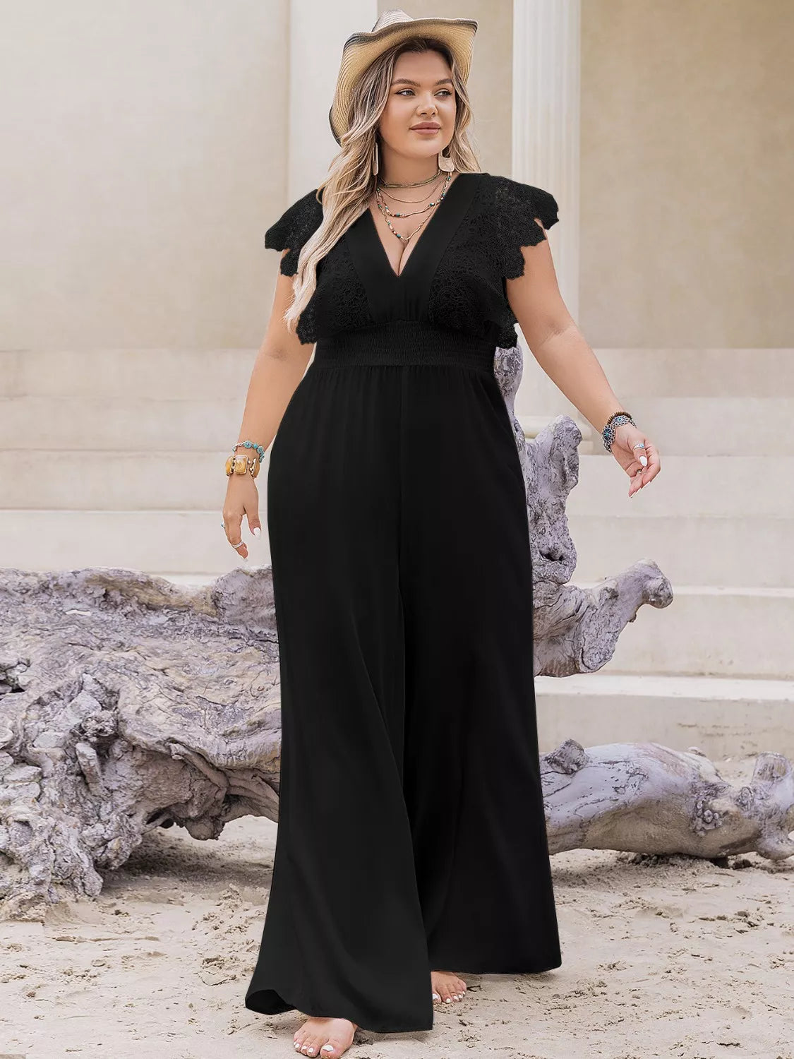 Plus Size Lace Cap Sleeve Wide Leg Jumpsuit 