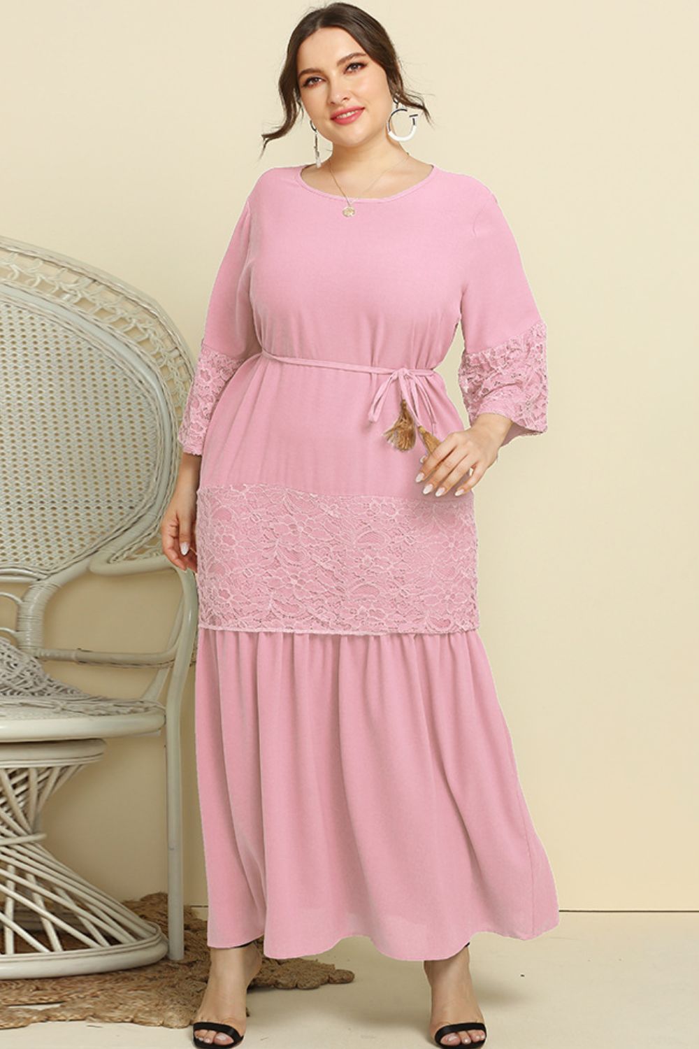 Plus Size Spliced Lace Tassel Belted Dress 