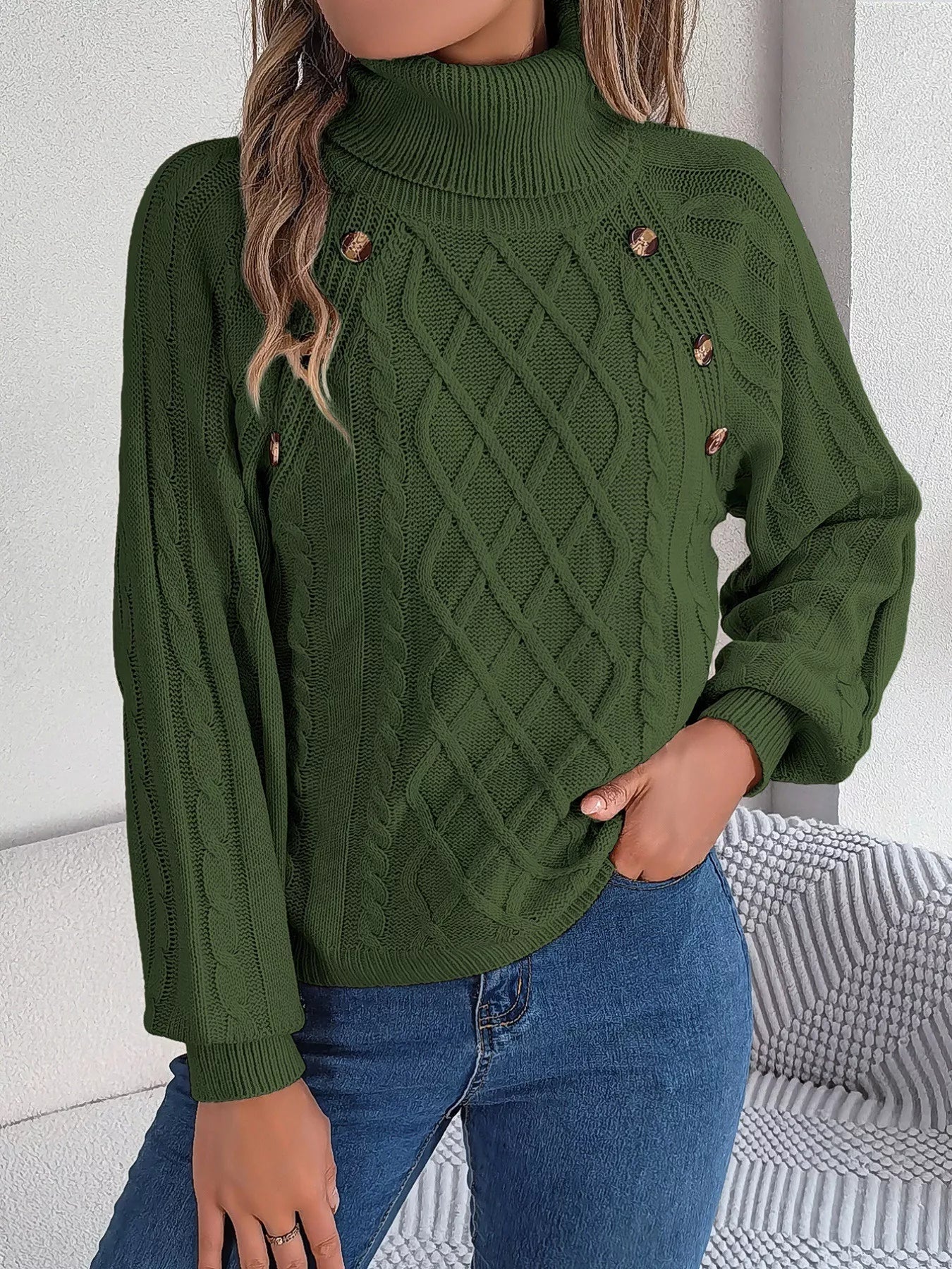 Cable Knit Turtleneck Long Sleeve Sweater 