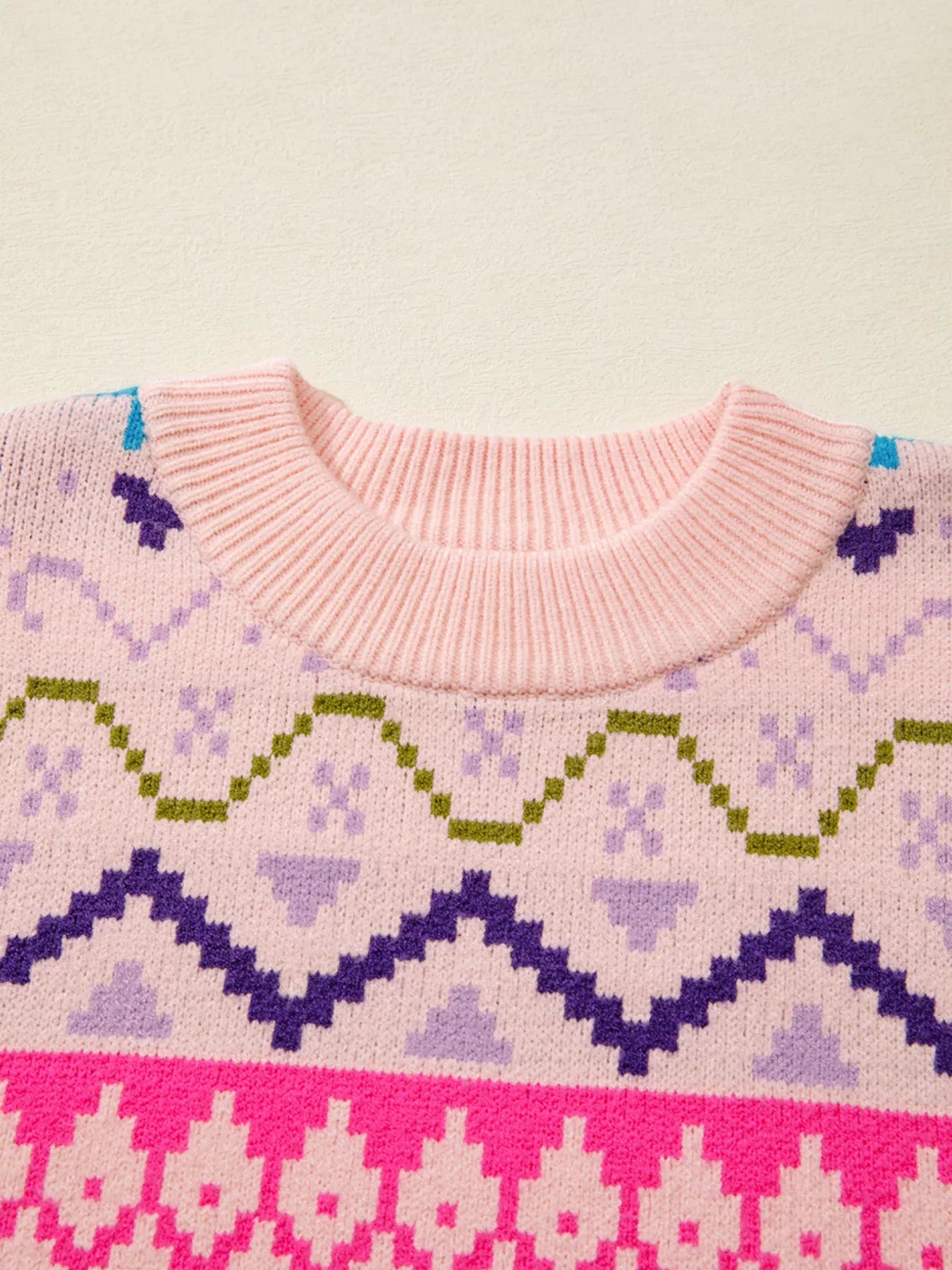 Multicolour Ethnic Christmas Pattern Knit Feather Cuffed Sweater 