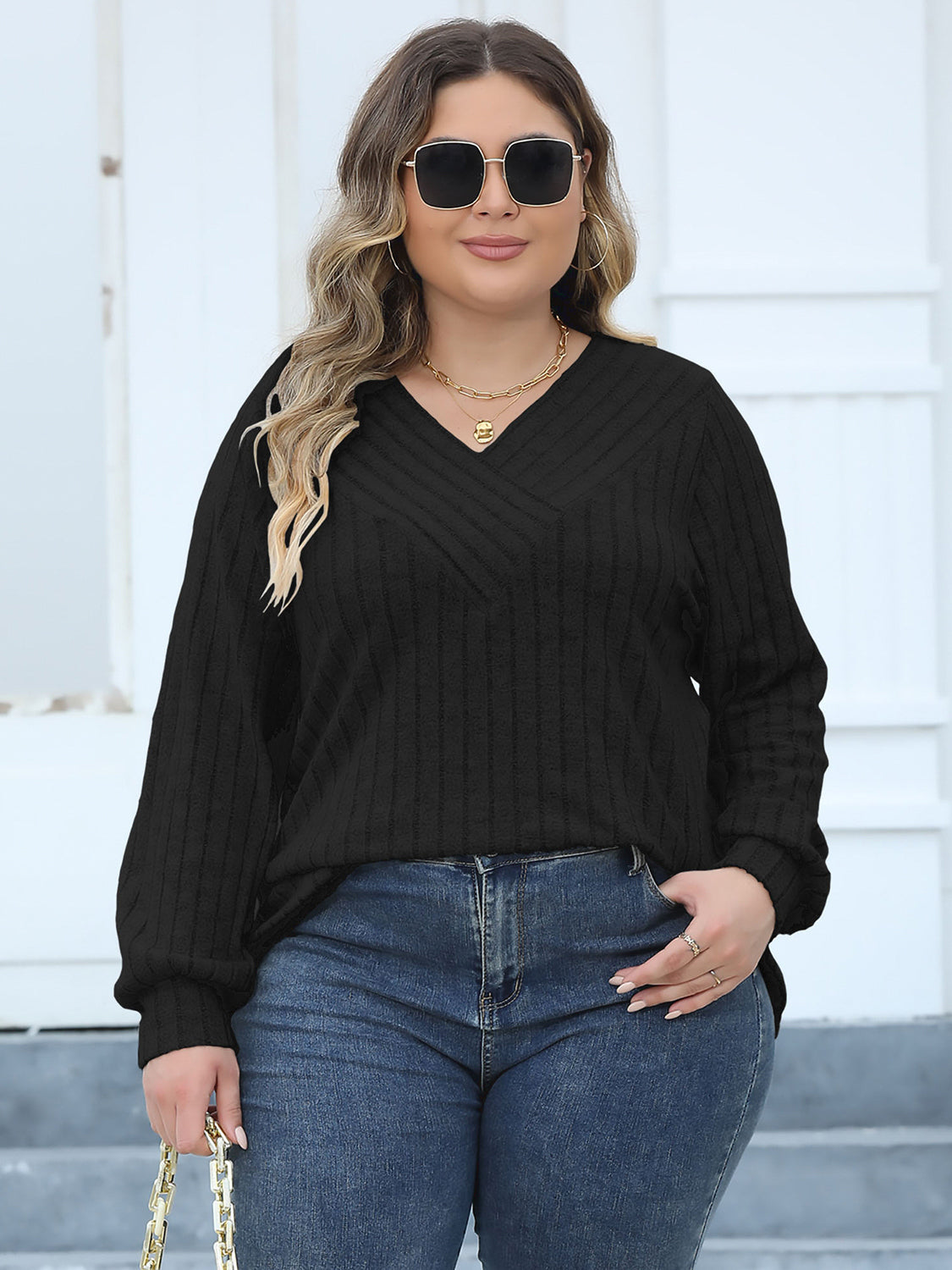 Plus Size Ribbed V-Neck Long Sleeve Top 