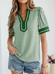 Stripe Collared Split Neck Short Bubble Sleeve Blouse 