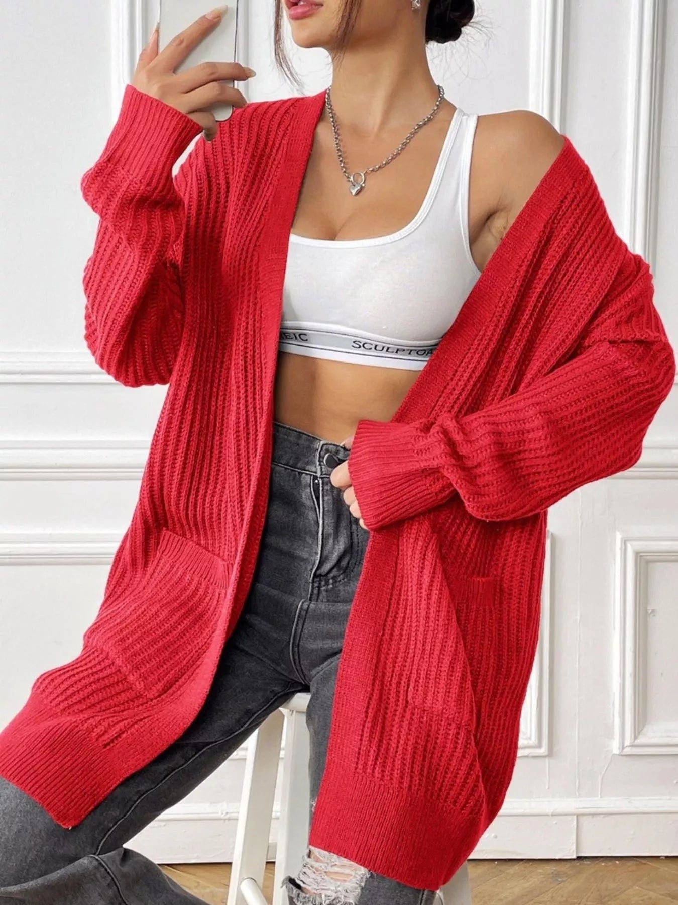 Open Front Drop Shoulder Cardigan 