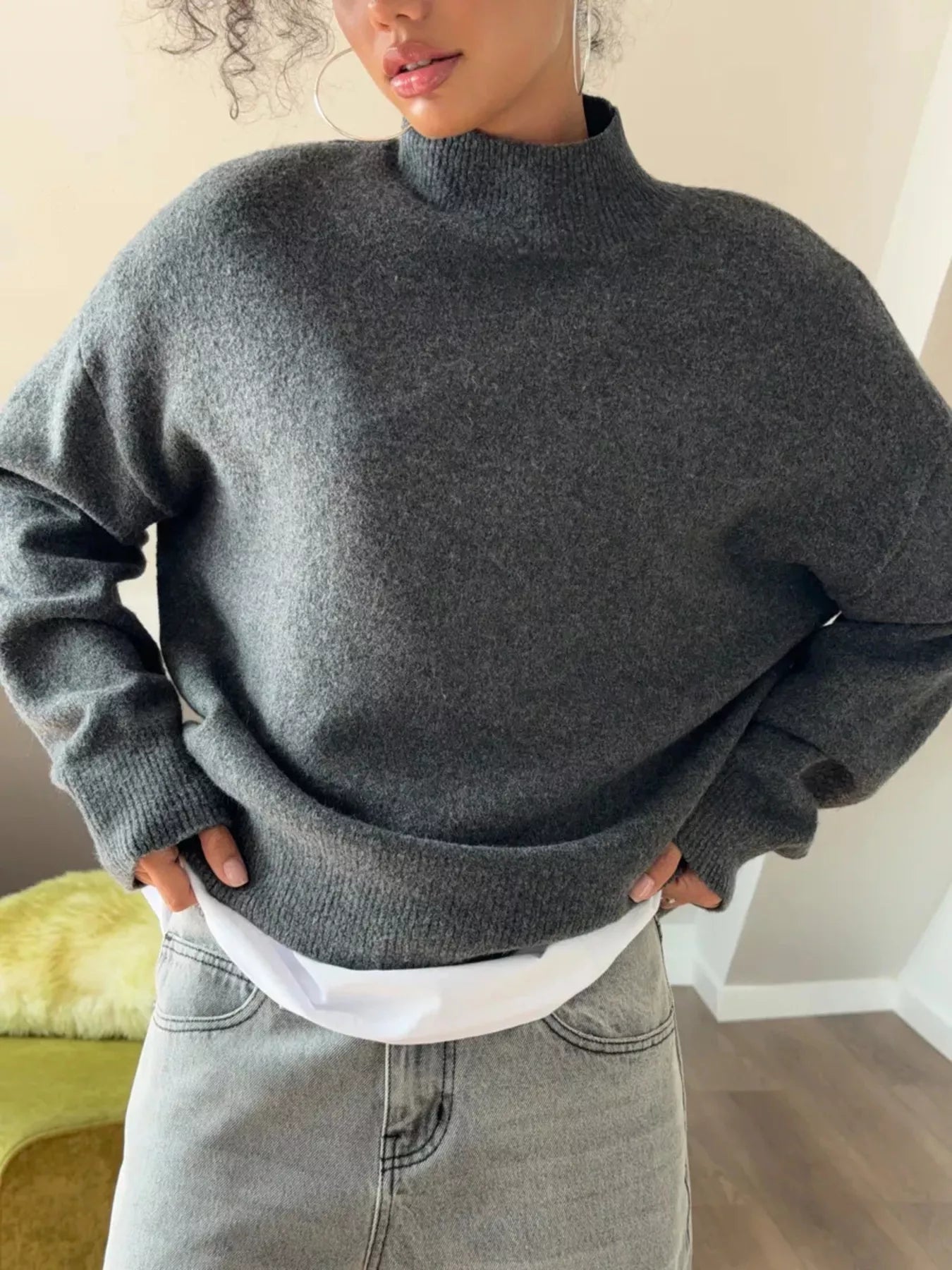 Mock Neck Dropped Shoulder Sweater 