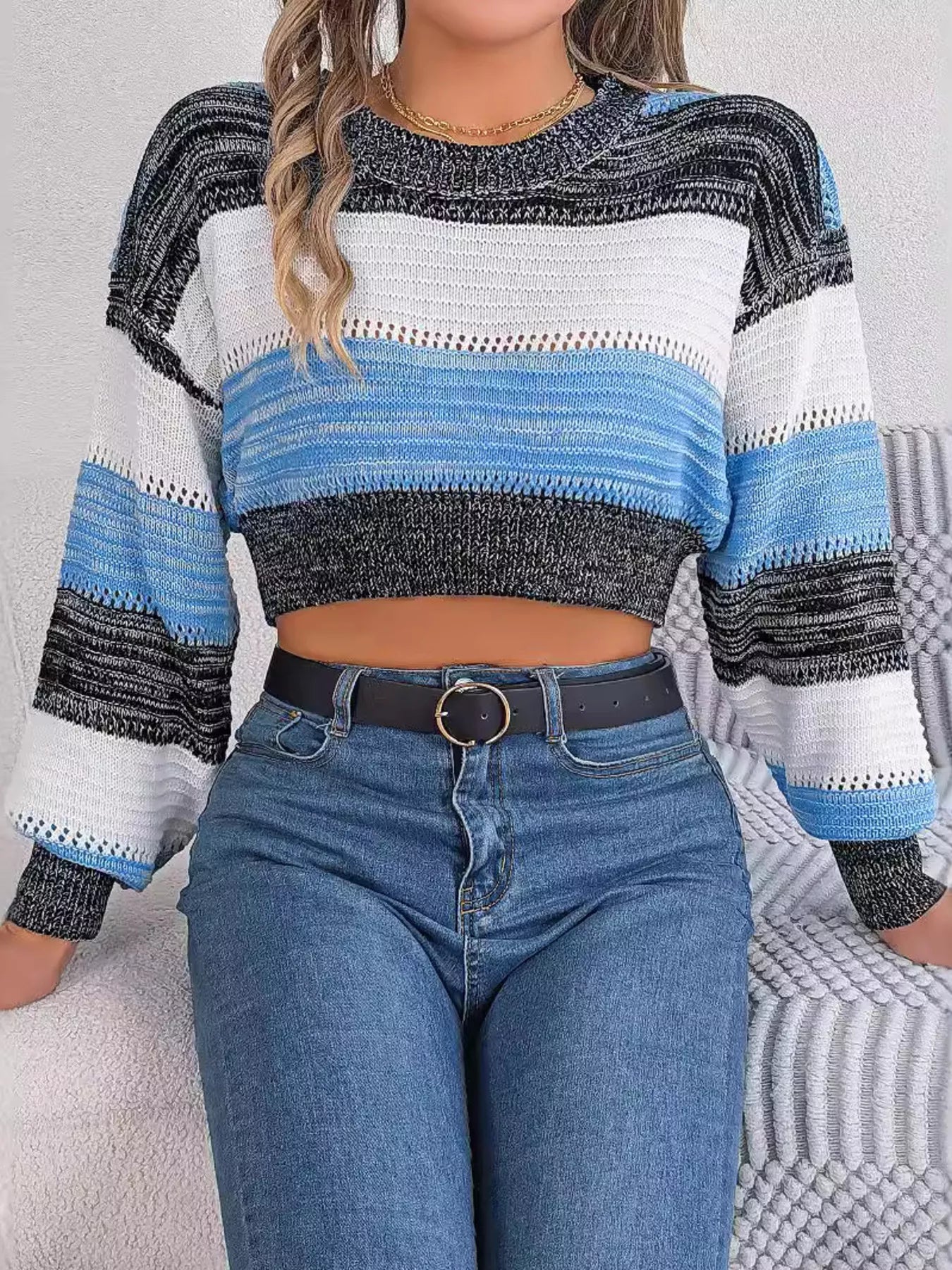 Cropped Striped Color Block Drop Shoulder Sweater 