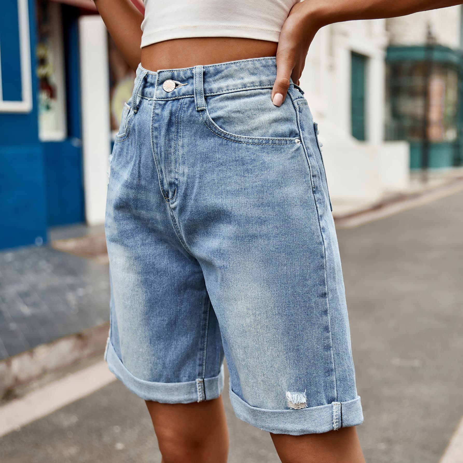 Distressed Buttoned Denim Shorts with Pockets 
