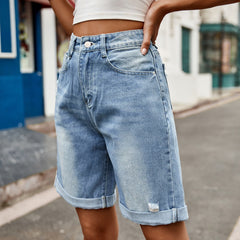Distressed Buttoned Denim Shorts with Pockets 
