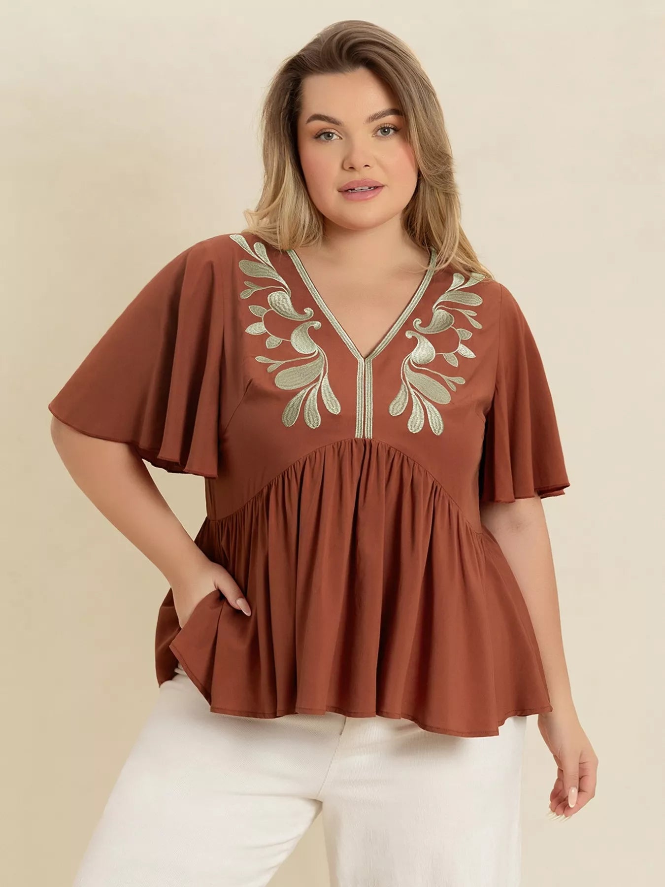 Plus Size Embroidered V-Neck Flutter Sleeve Blouse 