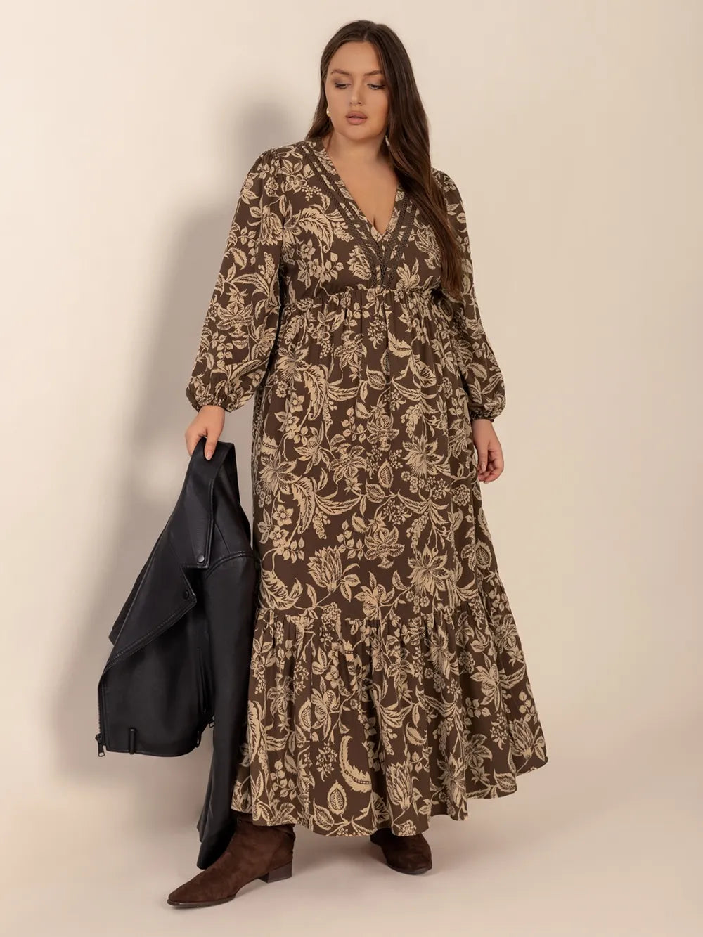 Plus Size Printed V-Neck Balloon Sleeve Maxi Dress 