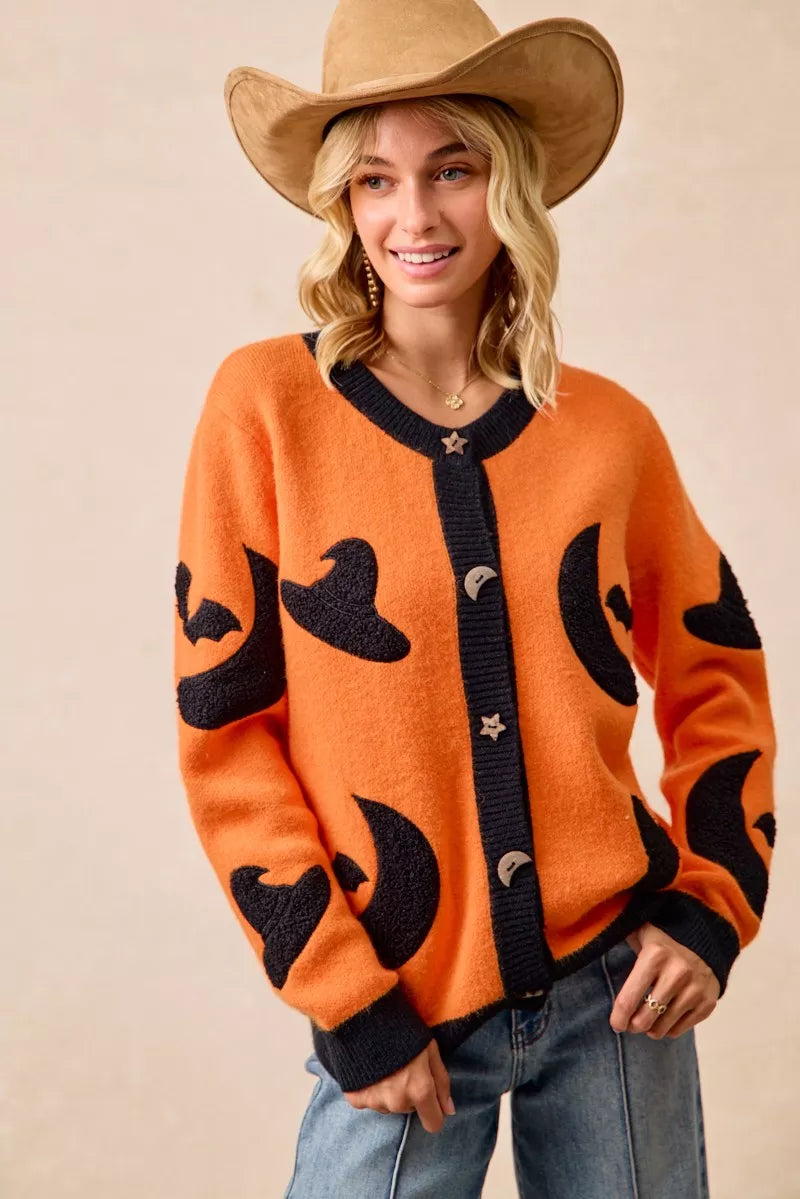 BiBi Halloween Witch Hat Moon Bat Artwork Cardigan 