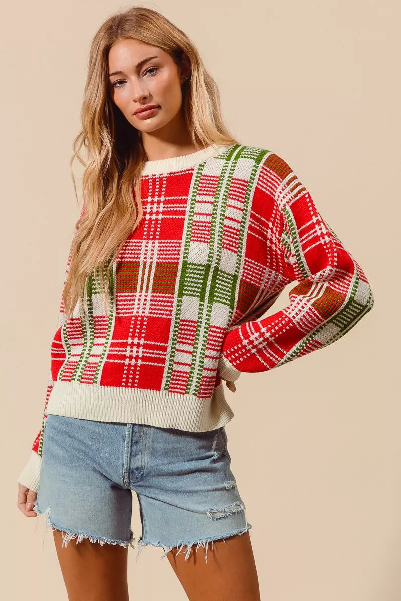 SO ME Christmas Color Checkered Plaid Crew Neck Sweater 