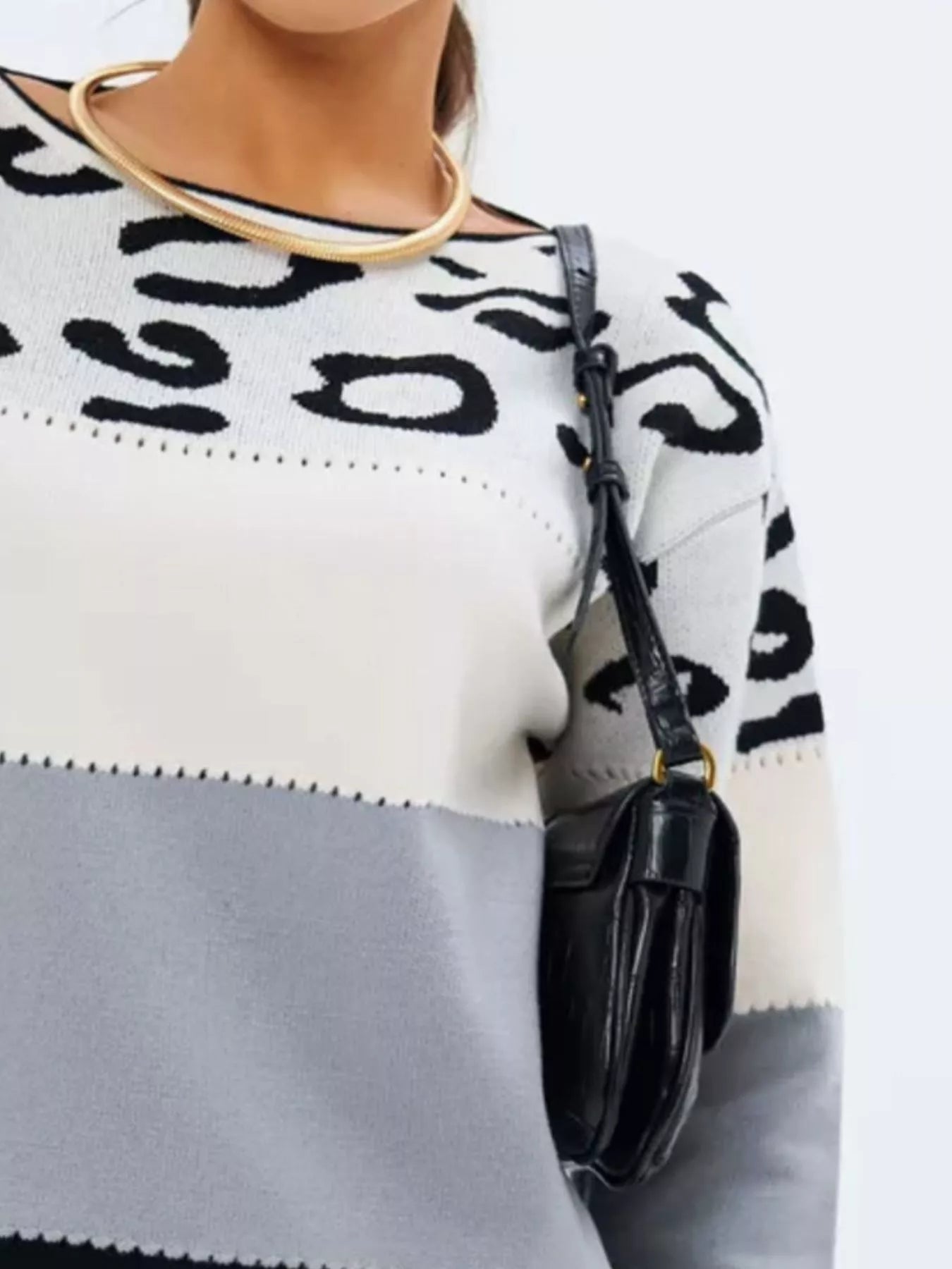 Full Size Leopard Color Block Long Sleeve Sweater Plus Size 