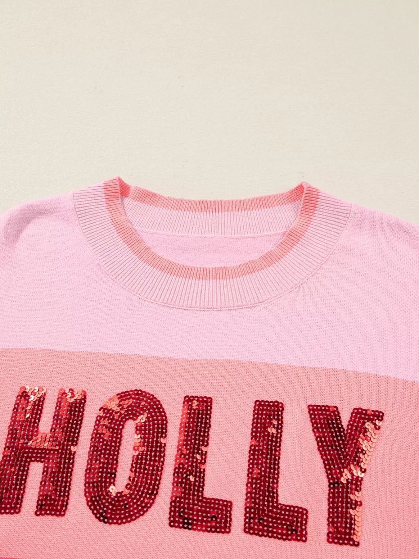 Sequined HOLLY JOLLY Color Block Crew Neck Sweater 