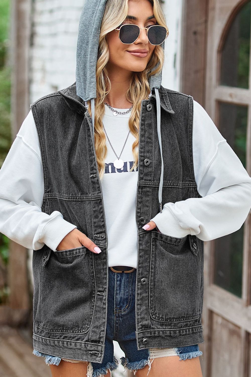 Sleeveless Denim Top with A Detachable Hood 