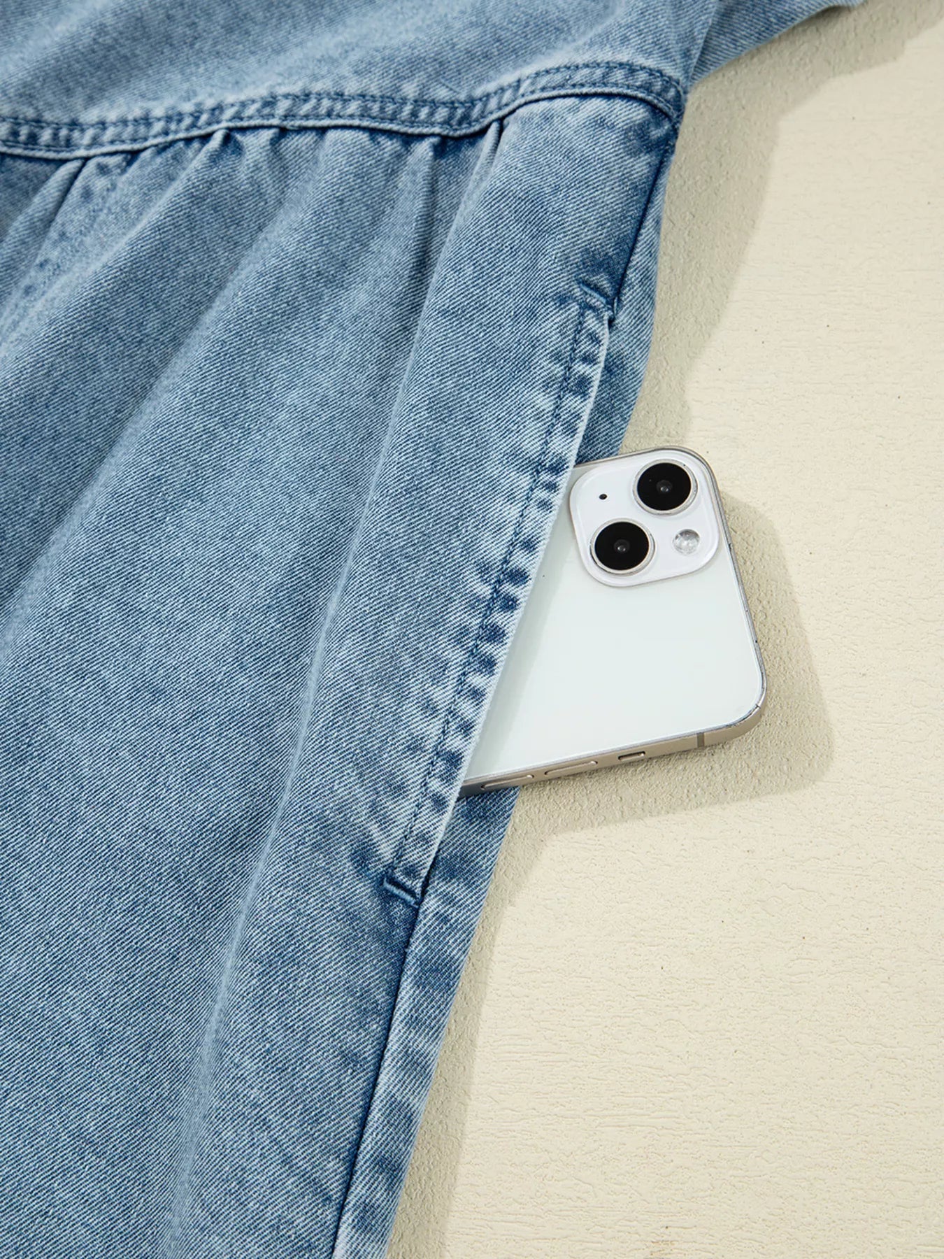 Smocked Cuffs Flared Denim Shirt Mini Dress 