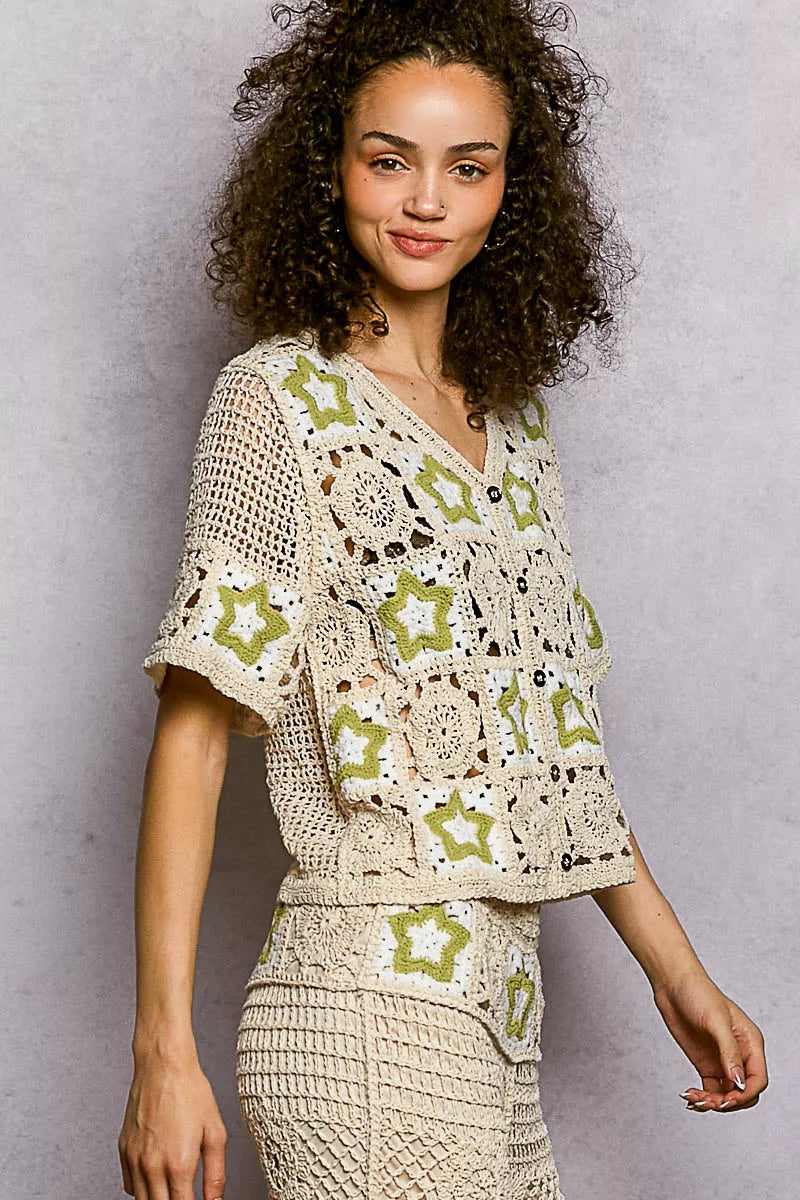 POL Button Front V-Neck Crochet Cardigan with Contast Star 