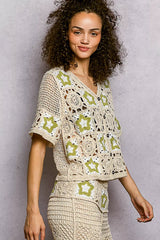 POL Button Front V-Neck Crochet Cardigan with Contast Star 