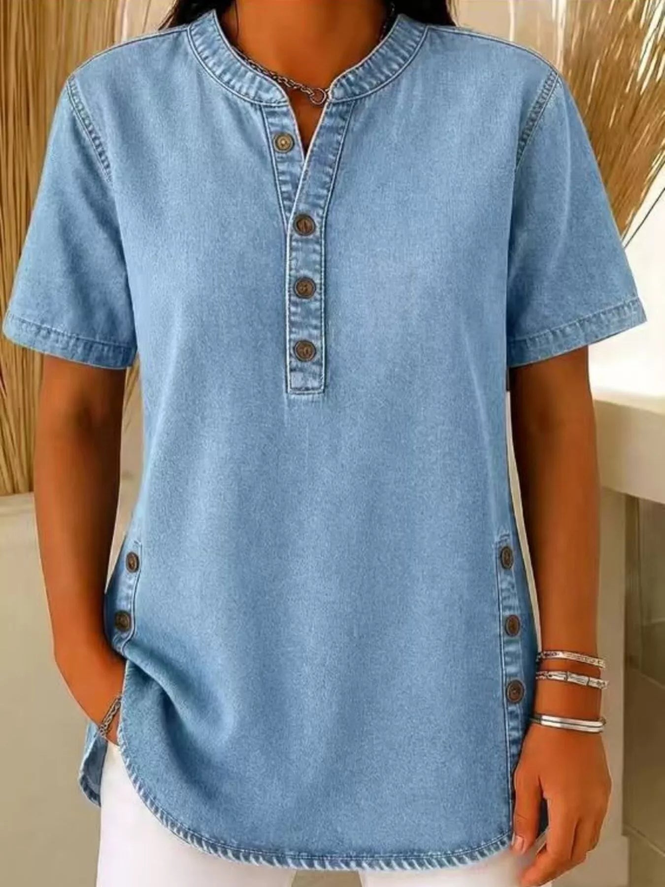 Full Size Button Detail Short Sleeve Blouse Plus Size 