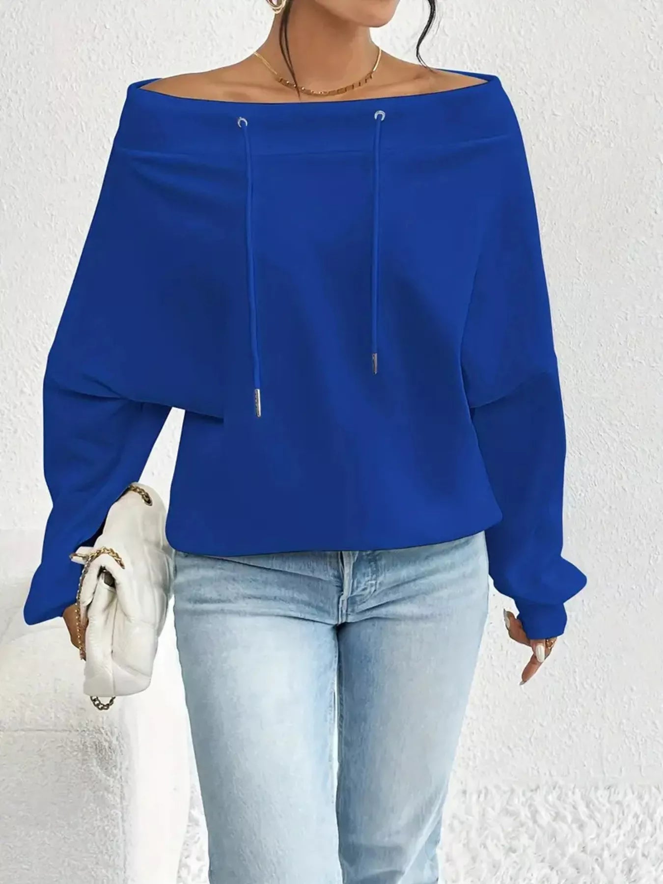 Full Size Off-Shoulder Drawstring Long Sleeve Top Plus Size 