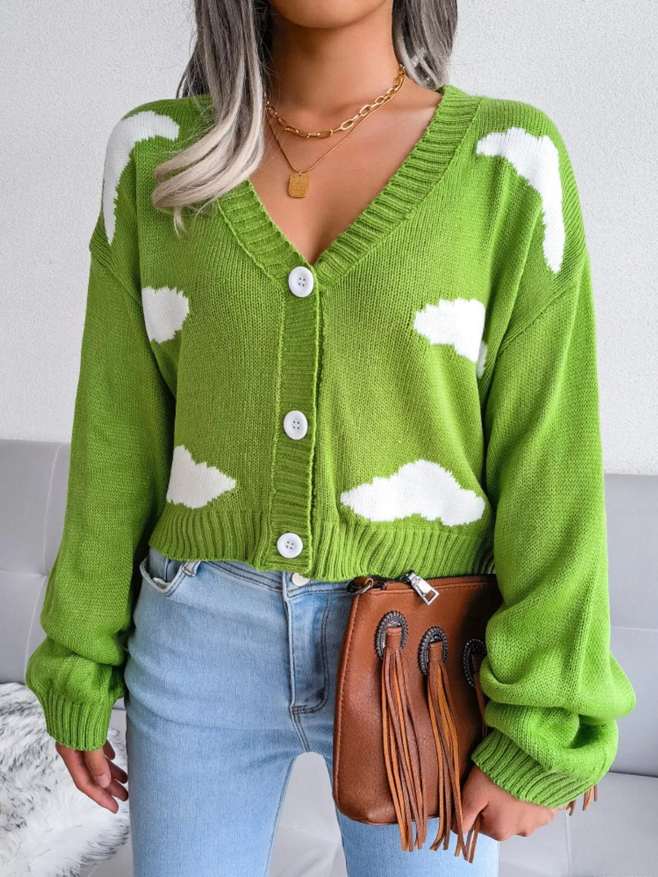 Cloud Pattern Button-Up Cropped Cardigan 