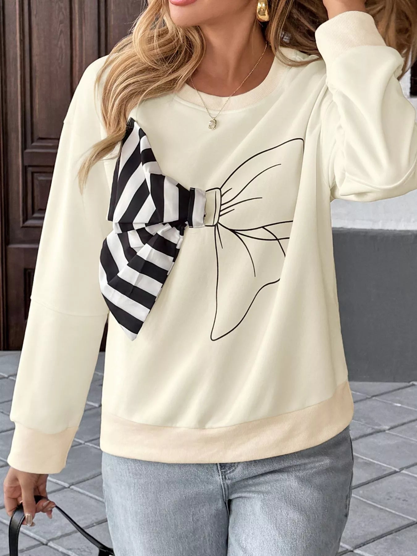 Bow Round Neck Dropped Shoulder Sweatshirt 