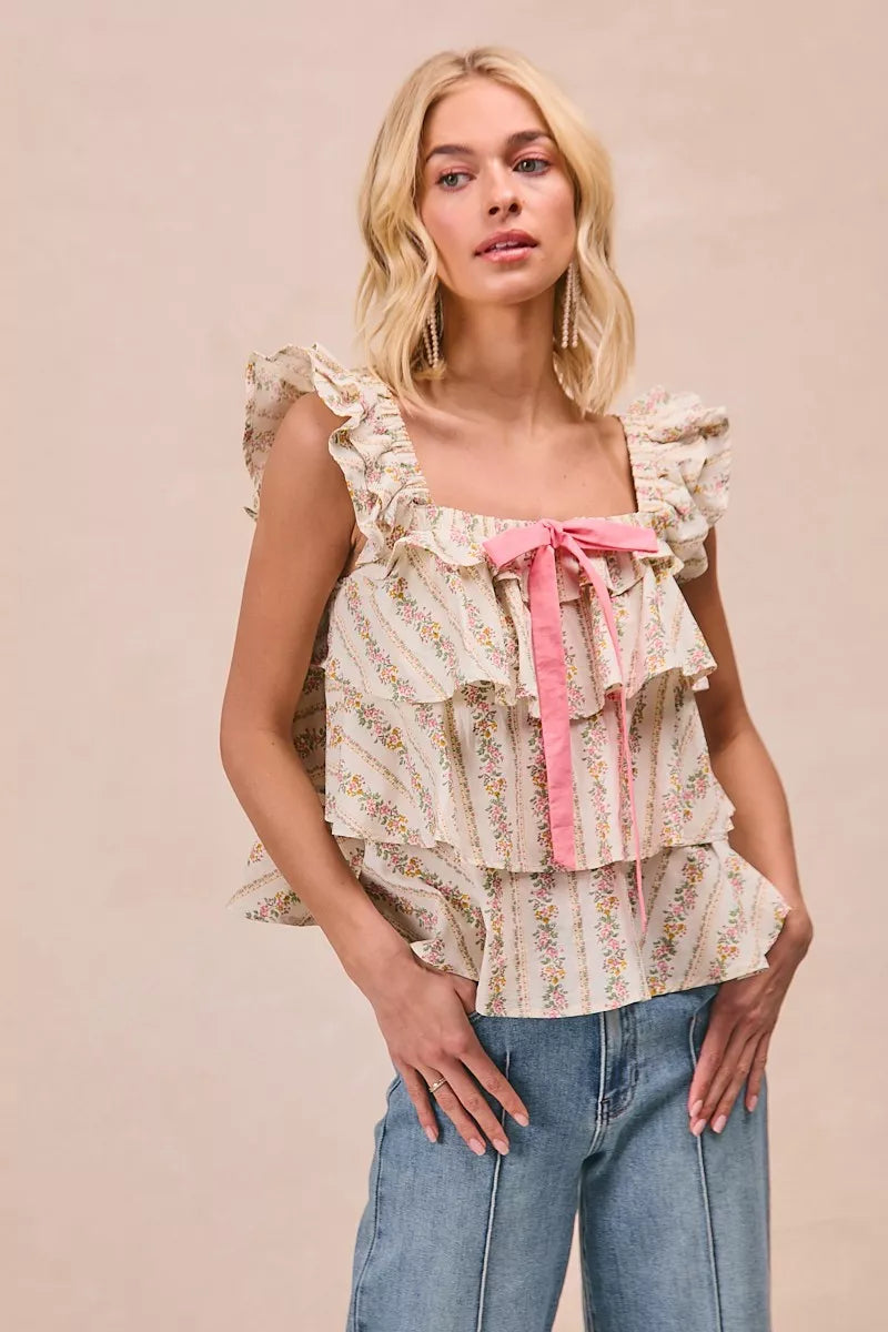 BiBi Floral Printed Woven Front Bow Tied Ruffled Square Neck Sleeveless Top 
