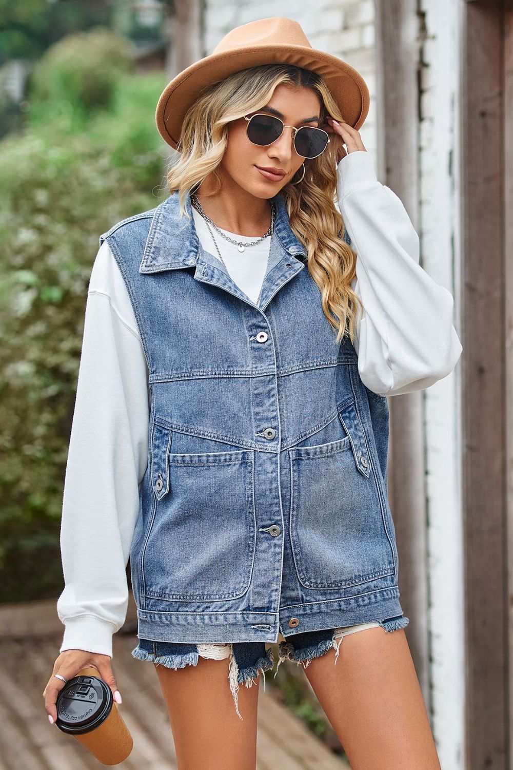 Sleeveless Denim Top with A Detachable Hood 