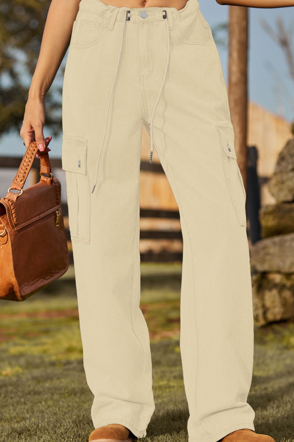 Loose Fit Drawstring Jeans with Pocket 