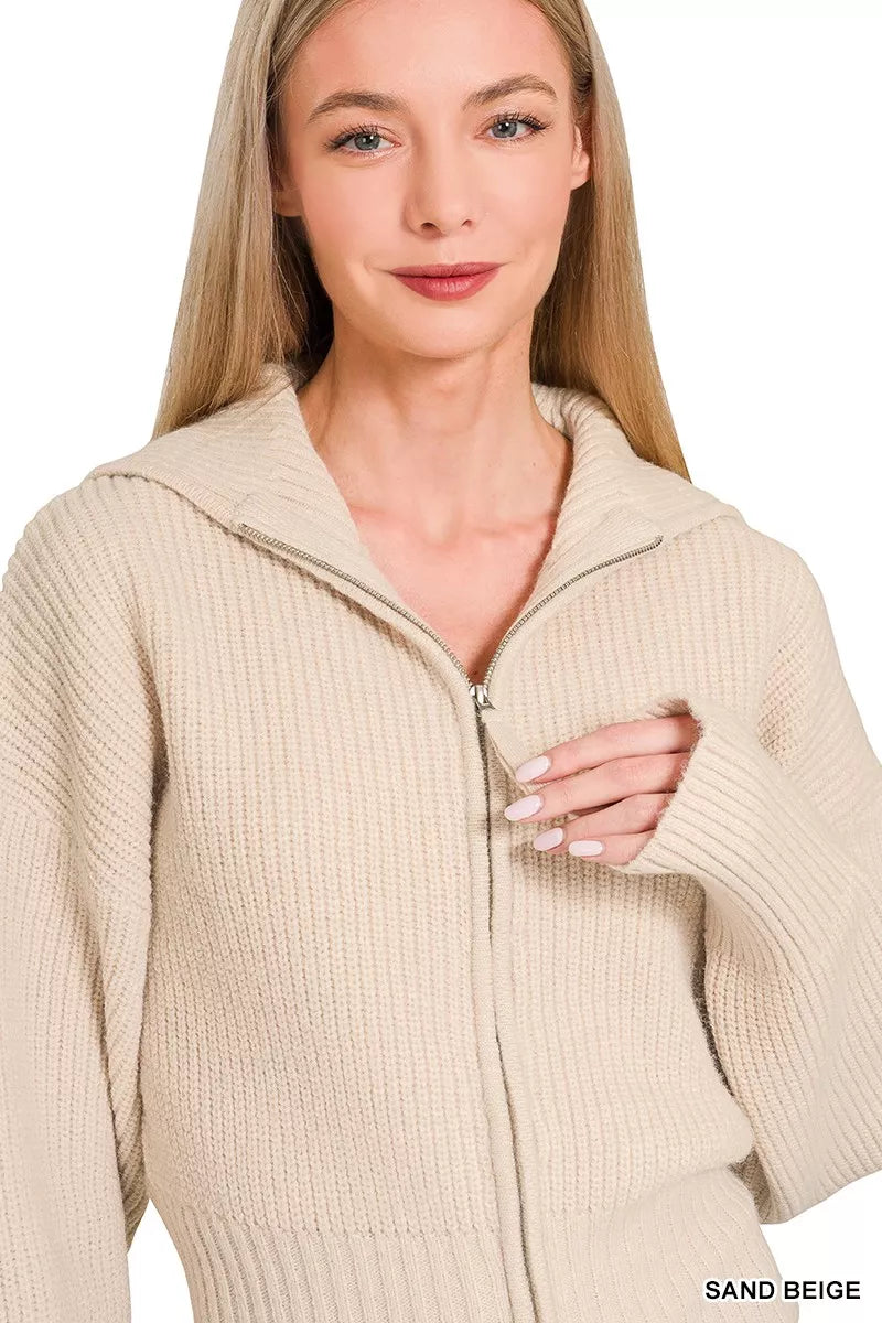 Zenana Ribbed Collared Zip Up Sweater Cardigan 