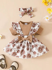 Children's Floral Print Ruffle Trim Baby Set with Headband 