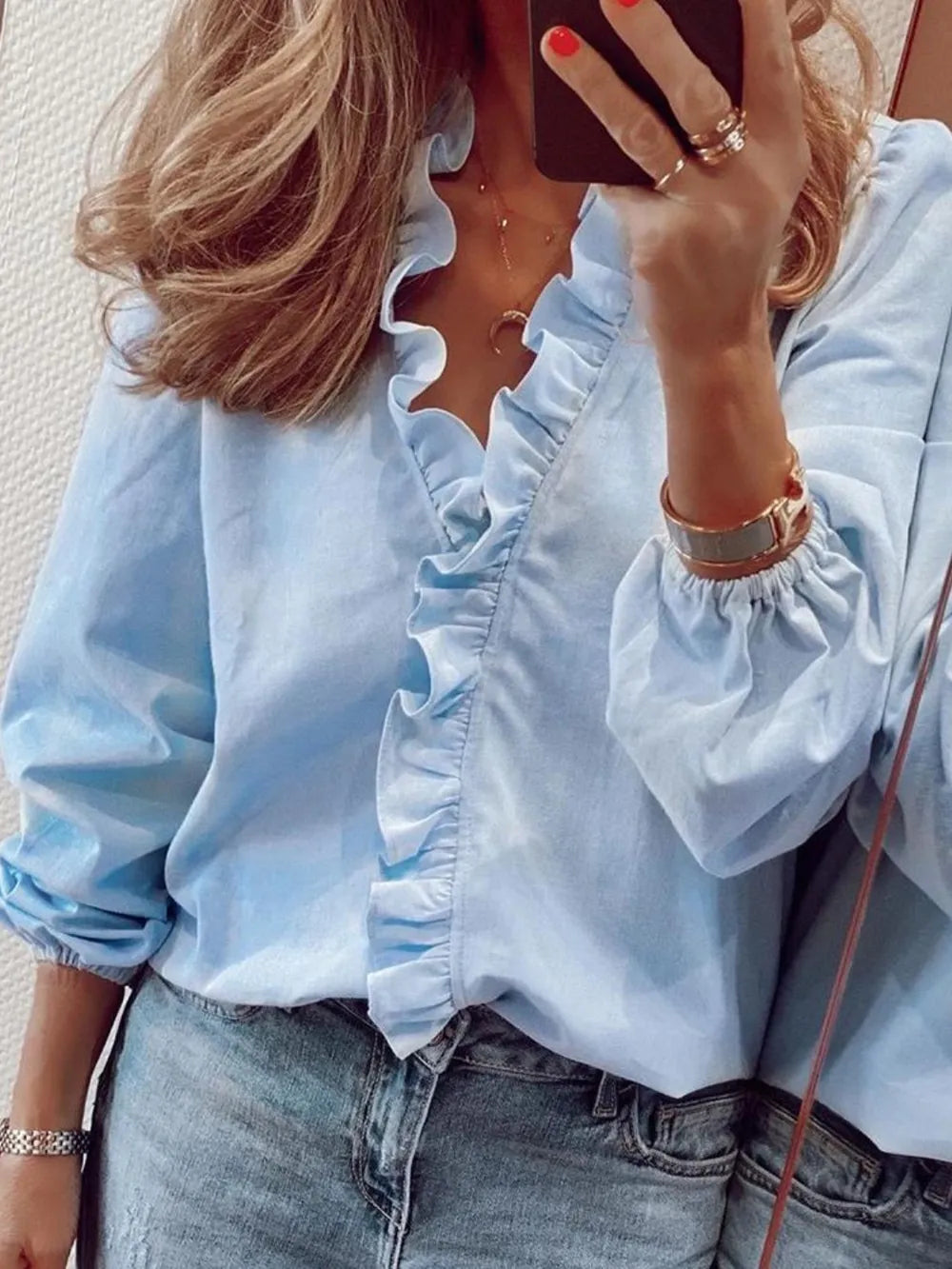 Ruffled V-Neck Long Sleeve Blouse 