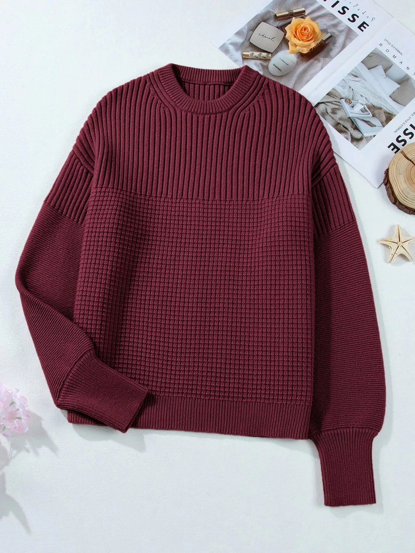 Solid Color Mixed Textured Knitted Crew Neck Sweater 