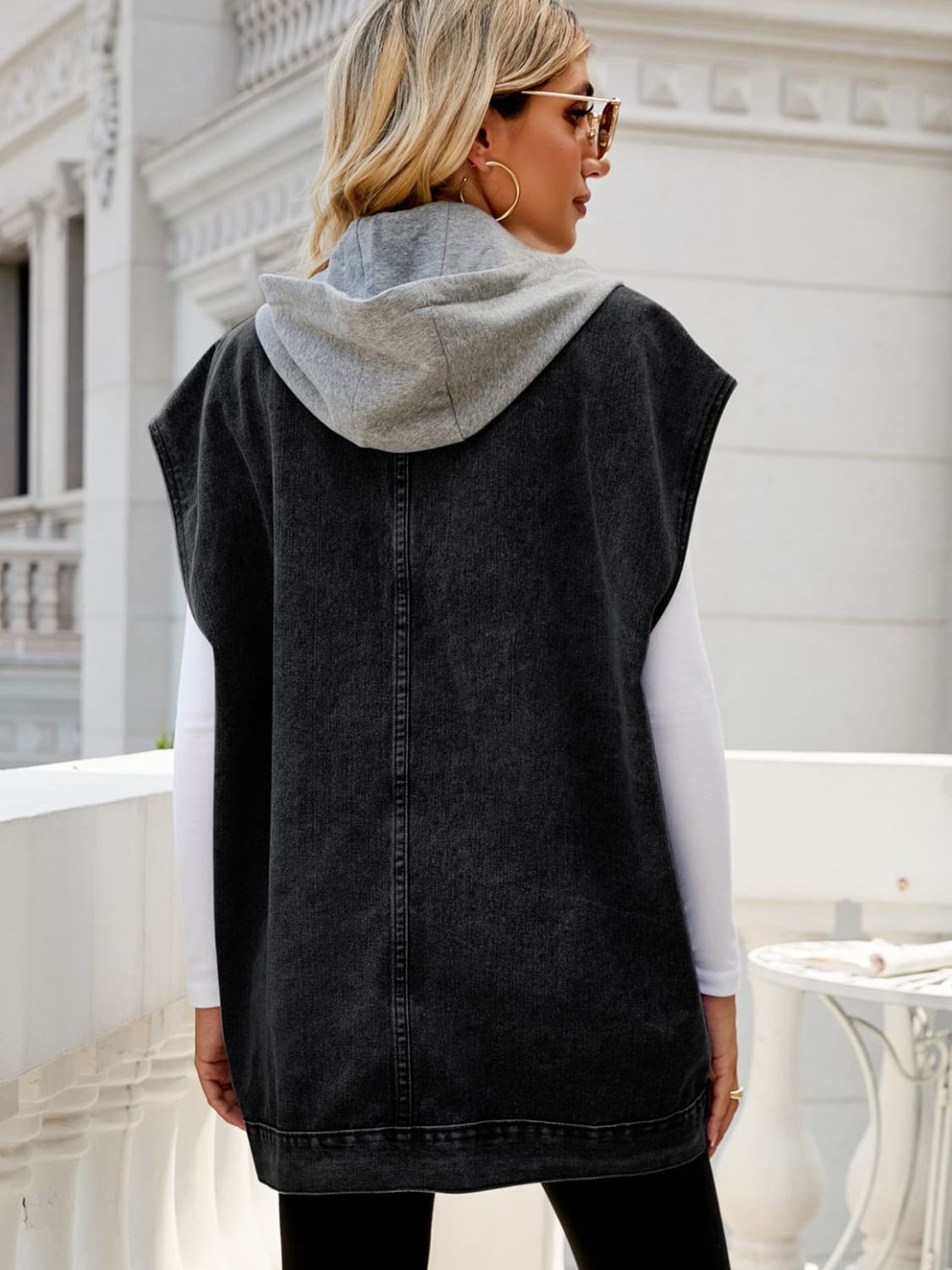 Hooded Sleeveless Denim Top with Pockets 