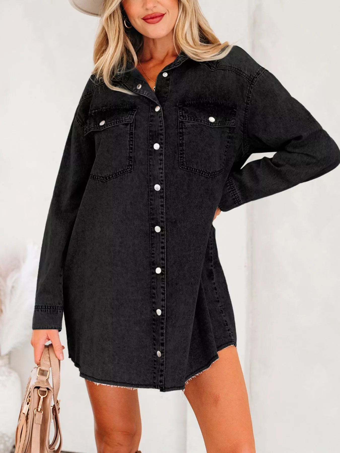 Chest Pocket Raw Hem Denim Loose Shirt Dress 