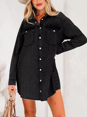 Chest Pocket Raw Hem Denim Loose Shirt Dress 