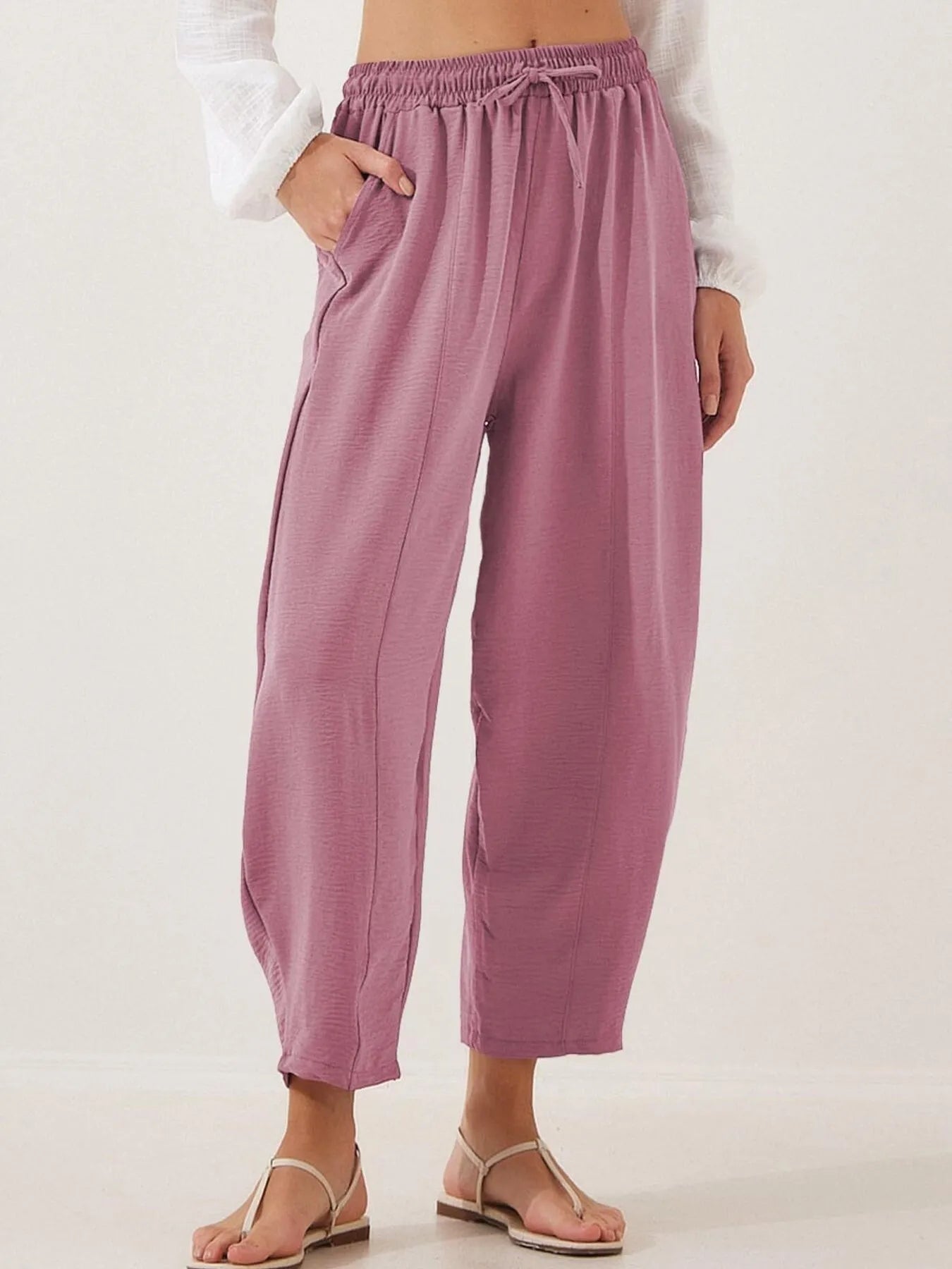 Full Size Drawstring Wide Leg Cropped Pants Plus Size 
