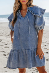 Ruffled Side Pockets Puff Sleeve Denim Mini Dress 