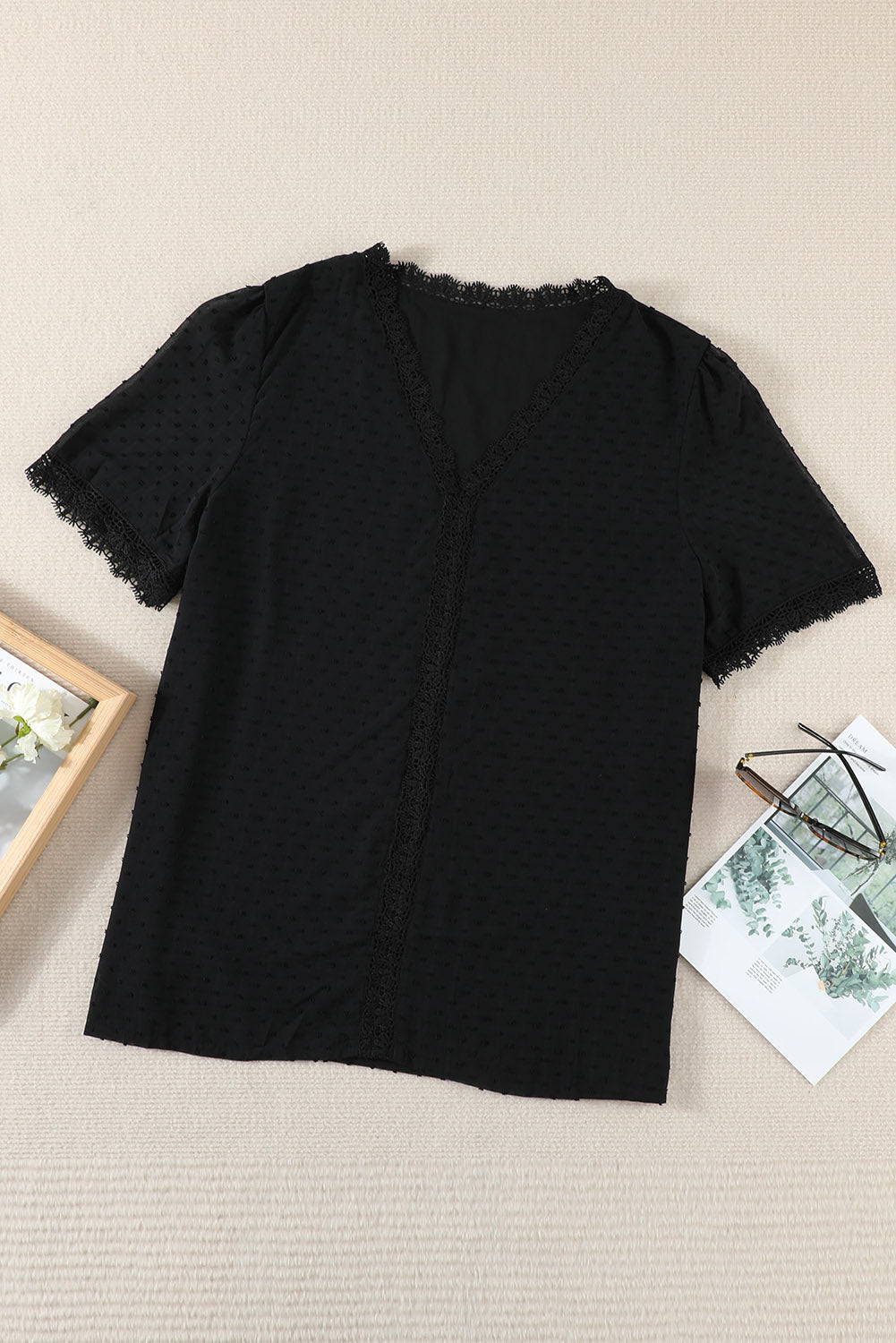 Plus Size Swiss Dot Spliced Lace V-Neck Blouse 