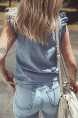 Frilly Ruffle Trim V Neck Chambray Tank 
